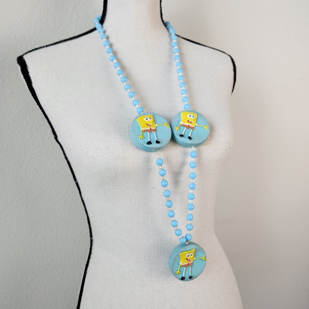 Vintage Y2k SpongeBob Square Pants Yellow Blue White Mardi Gras‎ Beads Necklace
